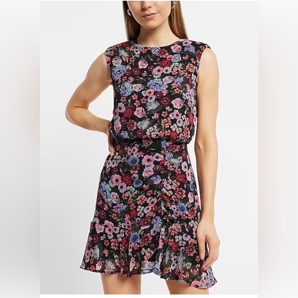Floral Print Ruched Ruffle Hem Mini Dress
